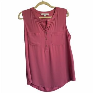 Loft rose sleeveless blouse gold button split neck mixed media knit back M